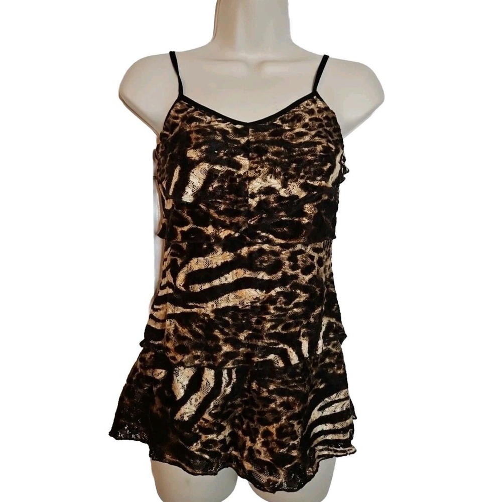 Cache‎ Lace Animal Print Layered Tank Camisole Top Adjustable Straps Size XS